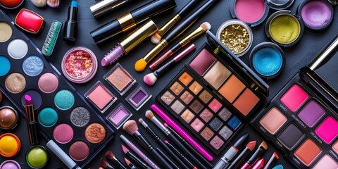 Poster - A colorful assortment of makeup products, including eyeshadow palettes