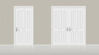 Closed white realistic doors vector illustration. White entry or interior doors. Wooden entrance door set.