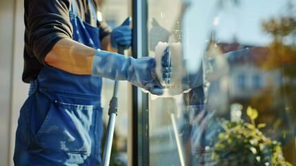 Man professional cleaning service worker in overalls cleans the windows. Close up.