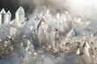 Hexagonal crystals shimmering against a smooth, silver-gray backdrop, creating an ethereal, dreamlike scene