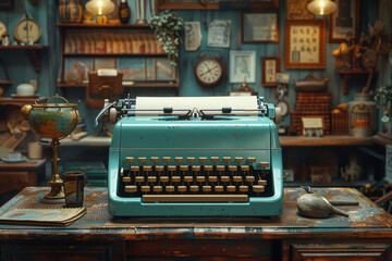 Poster - A vintage typewriter clacking away in a writer's study, capturing the tactile experience of analog writing. Concept of nostalgic literary creation. Generative Ai.