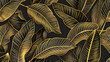 Tropical leaf pattern design, luxury nature background with golden banana leaves, hand-drawn outline design for fabric, print, cover, banner, invitation - illustration.