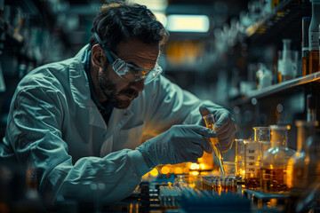 Poster - a scientist conducting experiments in a laboratory, pushing the boundaries of knowledge and discover