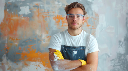 portrait of young worker painting wall in room, home renovation