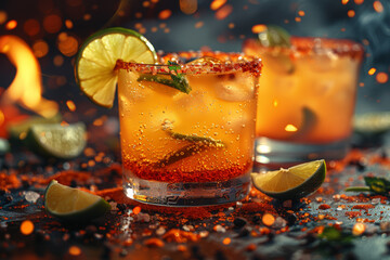 Wall Mural - A spicy margarita rimmed with salt, blending tequila, lime juice, and triple sec for a fiery kick. Concept of fiesta flavor. Generative Ai.