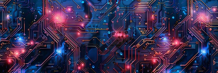 Wall Mural - This image depicts an intricate and complex electric circuit board pattern filled with a vibrant array of metallic conductors and electronic components The board is dominated by bold blue and red