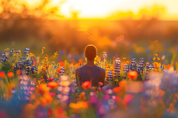 Wall Mural - A tranquil image of a person meditating among vibrant wildflowers, the sunset providing a warm backlight, enhancing the colors and creating a soft bokeh effect around the flowers.