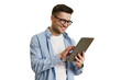 © muse studio - A man with glasses uses a tablet, a freelance creative designer, a cut-out background