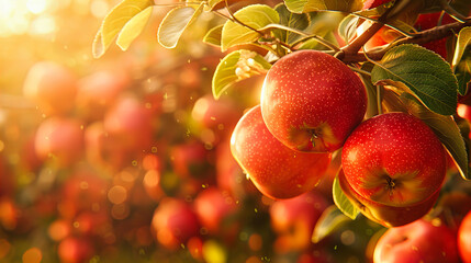 Poster - Apple Orchard in Full Bloom, Bright Sunlight Illuminating Fresh and Juicy Red Apples