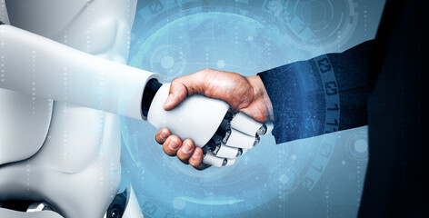 Poster - mlp 3d illustration humanoid robot handshake to collaborate future technology development by ai thin