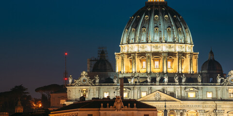 Wall Mural - Rome, Italy. Close Up View Dome Of Papal Basilica Of St. Peter In Vatican In Evening Night Illuminations.