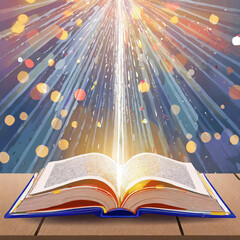 Sticker - Open book on wooden vintage table with mystic magic bright light on background
