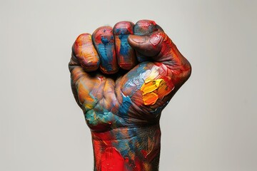 Fist of a man painted with colors on a gray background, AI Generated