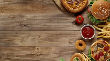 A variety of fast food items such as burgers, pizza and donuts are laid out on wooden planks, and next to them is a small bowl filled with ketchup. There is an empty space in the lower right corner fo