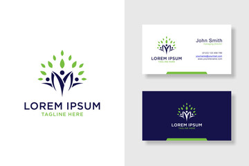 Family and Leaf Illustration Logo Design. Vector People and Leaves. People, Trees, Leaves, Ecology, Nature, Life. Examples of Premium Business Card Designs.