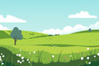 © LoveSan - Beautiful landscape vector illustration of summer green fields, hills and flower meadows. Stunning farm landscape with hills and blue sky with clouds in the background. Natural landscape for design.