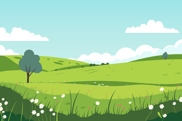 beautiful landscape vector illustration of summer green fields, hills and flower meadows. stunning f