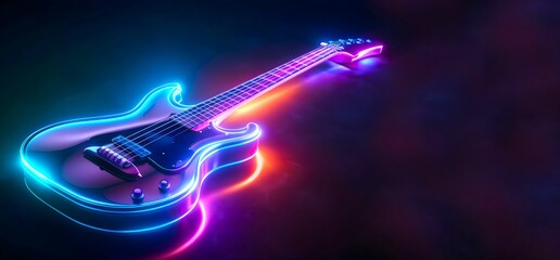 A guitar with neon glow effect on a dark background representing the concept like rock and night club party