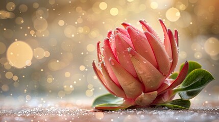 Canvas Print -   A tight shot of a pink bloom, adorned with water beads on its petals, against a hazy backdrop