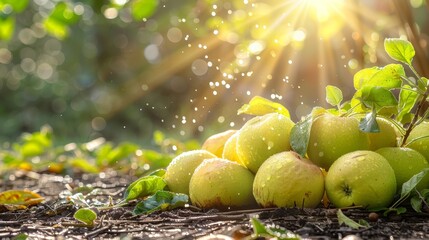   A green tree with leaves stands nearby, its shade contrasting with a mound of dirty ground Atop this mound, a neat stack of green apples basks in the sunlight