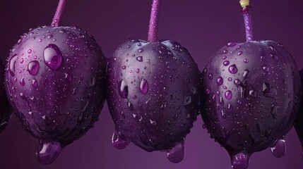 Poster -  fruits suspended in a string, each with droplets at both ends