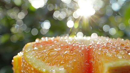 Wall Mural -   A tight shot of a juicy fruit with dewdrops glistening on its surface, and the sun filtering through tree branches behind