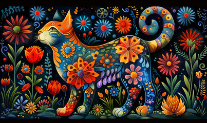 Wall Mural - Illustration of a cat in flowers on a dark background.