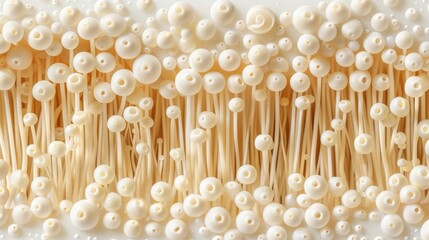 Poster -   A tight shot of noodles in a heap on a white background, generously topped with mushrooms