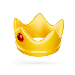 Cute 3d cartoon style royal golden crown with red gem isolated on white background. Royal insignia. Design element for regal, luxury, or fantasy concepts. Vector illustration of 3d render.