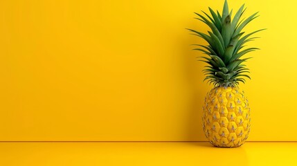   A pineapple atop a yellow table, near a yellow wall Two yellow walls face each other