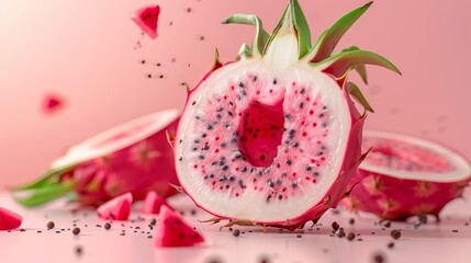 Poster -   A dragon fruit halved sits atop a white table, nearby, a mound of individual fruits piles up