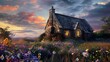 Amidst a sea of wildflowers, a charming cottage basks in the gentle light of dawn, its stone walls echoing the colors of the sunrise, its windows aglow with the promise of a new day