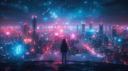 Wall Mural - a sci-fi urban landscape that merges neon-lit virtual architecture with realistic night