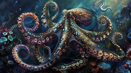 Wall Mural - A curious octopus, adorned with shimmering jewels and intricate patterns, delicately arranges a lavish underwater banquet, its tentacles weaving intricate designs in the swirling currents.