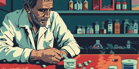 Poster - A man in a lab coat sitting at a table. Ideal for scientific and research concepts