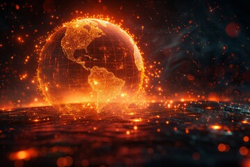 Poster - Digital rendering of the Americas on a globe with fiery edges, representing connectivity and virtual reality