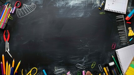 Panoramic School Supplies Border on Black Chalkboard