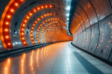 Poster - a long, sleek tunnel bathed in vibrant orange lights creating a modern, futuristic look
