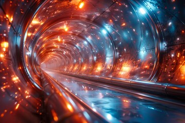 Poster - Vivid and dynamic, this image captures a tunnel with reflective surfaces and dramatic red lighting accentuating its curvature