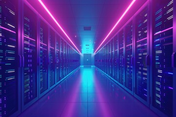 Poster - Rows of servers in a long hallway in a data center. Perfect for technology and networking concepts