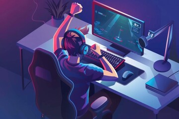 Poster - A person sitting at a desk with a computer. Suitable for office and technology concepts