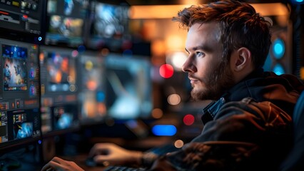 Poster - immersed in game development: a developer surrounded by screens and consoles. concept game developme