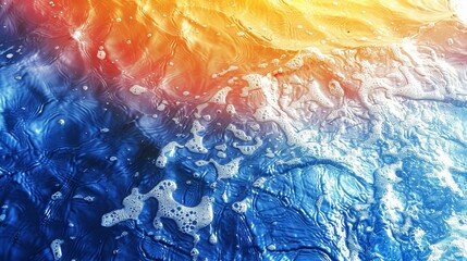 Canvas Print -   A blue, yellow, and red multi-hued backdrop featuring water drops and a white avian figure on its leftside