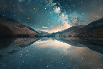 Wall Mural - A serene lake where the surface reflects not the sky, but an entire galaxy, with stars and nebulae.