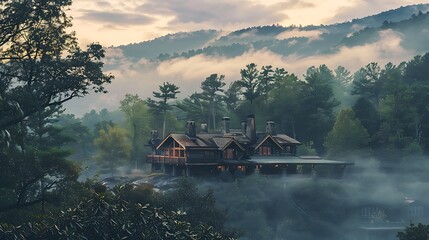 Wall Mural - Bathed in the soft light of dawn, a mountain retreat emerges from the mists like a dream, its rustic charm a welcome sight amidst the wilderness, a haven for weary travelers.