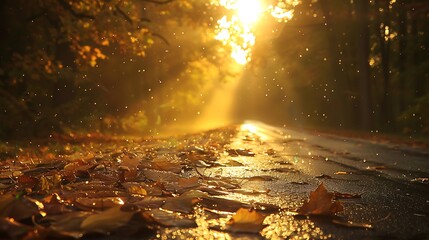 Wall Mural - Dew-kissed leaves shimmer in the morning sunlight, casting a radiant glow over the roadside, as if nature itself has awoken to greet the new day.