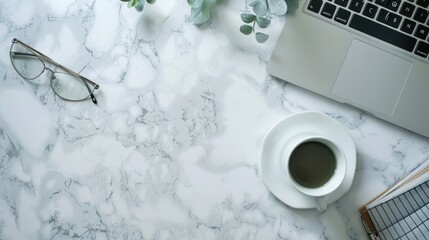 Poster - a cup of coffee next to a laptop computer, suitable for business concepts