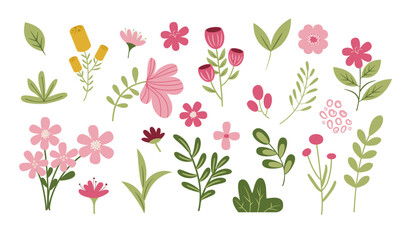 Wall Mural - Flower collection with leaves, floral bouquets. Vector Simple Flowers. Spring art print with botanical elements. Happy Easter. Folk style. Posters for the spring holiday.