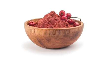 Wall Mural - A wooden bowl filled with red powder and cherries. Suitable for food and cooking concepts