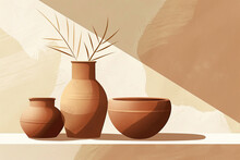 Earthy, Warm Toned Vector Art Of Primitive Pottery In A Modernist, Minimalistic Setting, Emphasizing Form And Space 